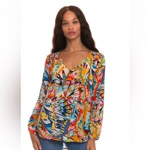 NEW $145 Tolani Collection 100% Silk Blouse Janessa Monarch Tassel Colorful 1006
